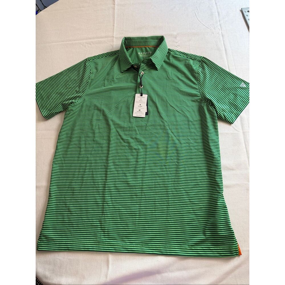 NWT Maelreg Performance Fit Green Blue Stripe Golf Polo Shirt Size Large